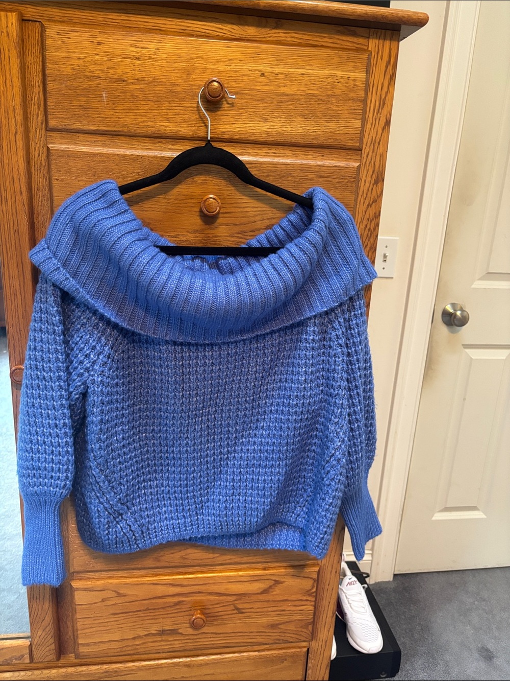 Express Blue Off-the-Shoulder Foldover Knit Sweater